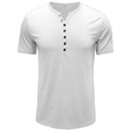 Detailansicht des weißen Henley-Shirts mit V-Ausschnitt und sieben schwarzen Knöpfen - S / Weiß