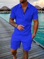 Détail de l'ensemble polo bleu roi pour homme avec texture géométrique tricotée - S / Haut Et Bas / Bleu