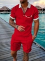 Detail of red men's polo set with herringbone texture and white contrast collar - S / Red
