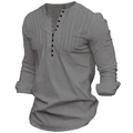 Men's grey long sleeve Henley shirt with buttoned pleated chest and cotton linen texture - S / Gray