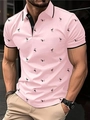 Detail view of men's pink polo shirt with black flamingo print and buttoned collar - S / Pink