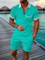 Gros plan sur l'ensemble polo turquoise, tissu jacquard chevrons et col zippé - S / Haut Et Bas / Vert Émeraude