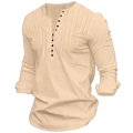 Detail of men's casual beige shirt showing Henley collar, buttons and pleated texture - S / Khaki
