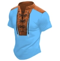 Sky blue retro polo t-shirt with brown faux leather trim and black drawstring detail - M / Sky Blue