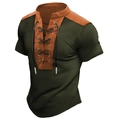 Close-up of military green men's vintage shirt with brown faux leather trim and lace-up neck - M / Army Green