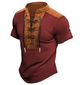 Detail of burgundy and brown medieval style polo shirt with drawstring v-neck and faux leather trim - M / Dark Red