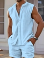 Détail de la texture gaufrée bleu clair sur l'ensemble short et chemise sans manches - S / Bleu Ciel