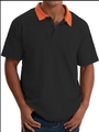 Detail of men's polo shirt with orange collar, chest pocket and textured mesh fabric - S / Black