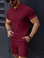 Detail view of burgundy waffle texture polo shirt and shorts set on male model - S / 华夫格POLO衫短裤(酒红色) / Burgundy
