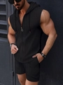 Detail shot of men's black waffle-textured hooded zip vest and matching shorts set - S / Top And Bottom / Black