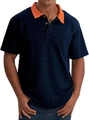 Detail of navy blue polo shirt with orange collar, front pocket and brown buttons - S / Navy Blue