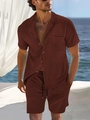 Dettaglio del set camicia con collo cubano e pantaloncini con coulisse ruggine - S / Marrone