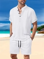 Gros plan sur la texture en coton et lin de l'ensemble Henley blanc pour hommes - S / Blanc