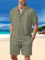 Détails de la texture en lin vert olive sur chemise Henley et short à cordon pour homme - S / Vert Militaire