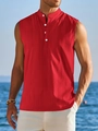 Detail eines roten ärmellosen Herren-Henley-Shirts mit Stehkragen und Strukturstoff - S / Rot