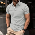 Close-up of slim-fit light grey cotton Polo shirt with buttoned collar and ribbed texture - S / Gray