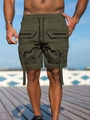Detail of army green men's cargo shorts with functional multi-pockets and tactical buckles - S / Army Green