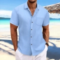 Men's vertical striped short sleeve casual button-down shirt in light blue for summer - S / Blue