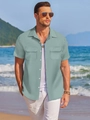 Men's green and white striped short sleeve summer shirt with dual chest pockets - S / Green