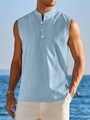 Detail view of light blue vertical pleat texture on men's sleeveless stand collar shirt - Sky Blue