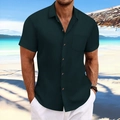 Men's dark green vertical striped short sleeve shirt with chest pocket and amber buttons - S / Dark Green