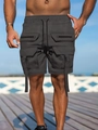 Close-up of dark grey cargo shorts with zipper pockets, drawstring waist and webbing straps - S / Dark Gray