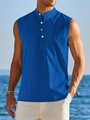 Detail of royal blue sleeveless shirt with vertical stripe texture and mandarin collar - Sapphire Blue