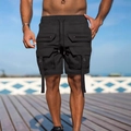 Men's black tactical cargo beach shorts with multi-pockets and drawstring waist design - S / Black