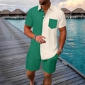 Herren Sommer-Beach-Set mit grün-weißem Colorblock-Strukturhemd und passenden Shorts - S / Grün und Aprikose