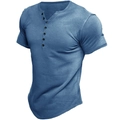 Detail of blue men's Henley shirt featuring a six-button V-neck and textured cotton knit - S / Denim Blue