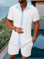 Λεπτομέρεια υφάσματος πουκάμισου blue-white color-block και υφή βάφλας για ανδρικό σετ - S / Λευκό