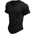 Schmal geschnittenes schwarzes Herren Henley Shirt mit V-Ausschnitt und abgerundetem Saum - S / Schwarz