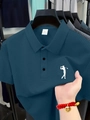 Detail of teal blue golf polo shirt featuring breathable waffle texture and white embroidered logo - S / Navy Blue
