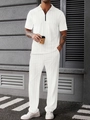 Detail of white men's polo set with textured jacquard stripes and zipper collar - S / White