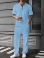 Detail showing the cable knit texture on a light blue men's zip-up Polo and pants set - S / Blue