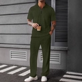 Detail of green knitted polo set with geometric diamond texture and zipper neckline - Army Green