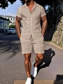 Détail de l'ensemble été homme beige sable avec chemise courte et short à cordon - S / Blanc Cassé