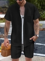Détail de l'ensemble de vacances noir pour hommes avec texture rayée et col mao - S / Noir