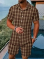 Detail shot of men's brown plaid short-sleeve button-down shirt and matching shorts set - S / Top And Bottom / Khaki