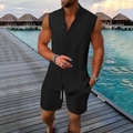 Ensemble d'été noir pour homme avec polo sans manches à rayures et short texturé - S / Noir