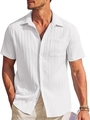 Detail of white cotton linen shirt showing vertical texture and chest pocket on model - S / White