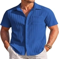 Detail of royal blue men's cotton linen shirt showing pleated vertical stripe texture - S / Royal Blue
