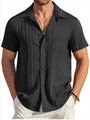 Detail of black vertical pleated texture fabric and chest pocket on men's cotton linen shirt - S / Black