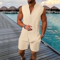 Ensemble d'été rayé pour hommes avec chemise sans manches à col officier et short - S / Abricot