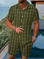 Close-up of military green plaid short sleeve shirt and shorts set for men in summer style - S / Top And Bottom / Green