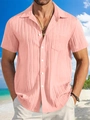 Close-up of light pink striped cotton linen shirt with vertical texture and pocket - S / Pink