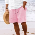 Men's pink jacquard striped leisure beach shorts with elastic drawstring waist for summer - S / Pink