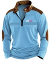 Detail of blue polo sweater with brown patchwork, zipper collar and Paris print - S / Sky Blue