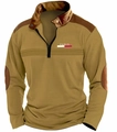 Detail des Wabenstrickstoffs am senfgelben Langarm-Poloshirt mit Paris-Aufdruck - S / Dunkles Khaki