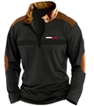 Detailed view of men's black quarter-zip sweatshirt with brown patchwork and Paris chest logo - S / Black 1